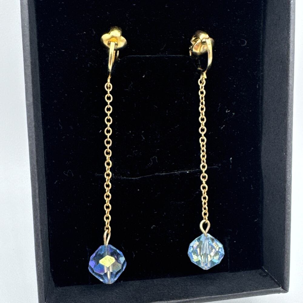 Vintage Mid-Century Aurora Borealis Crystal Drop Dangle Earrings - Gold Tone - Picture 3 of 6